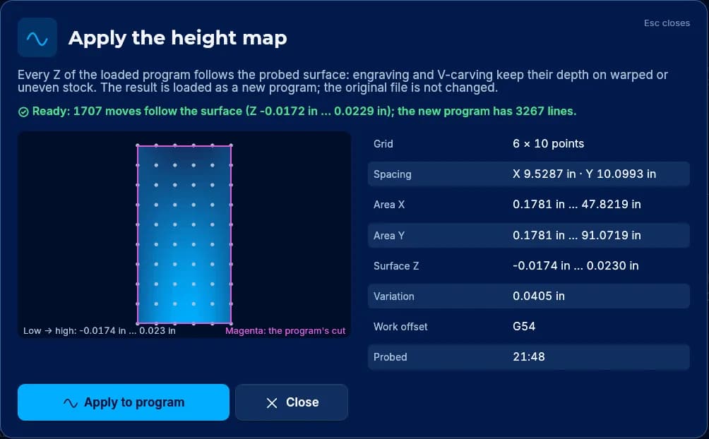 Applying a height map: a 6 by 10 probe grid over the stock, the measured surface variation, and a note that 1,707 moves now follow the surface in a new program.