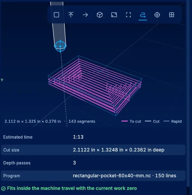 The rectangle pocket generator: a 3D preview of the pocket passes, an estimated time of 1:13, three depth passes, and a check that it fits inside the machine travel.