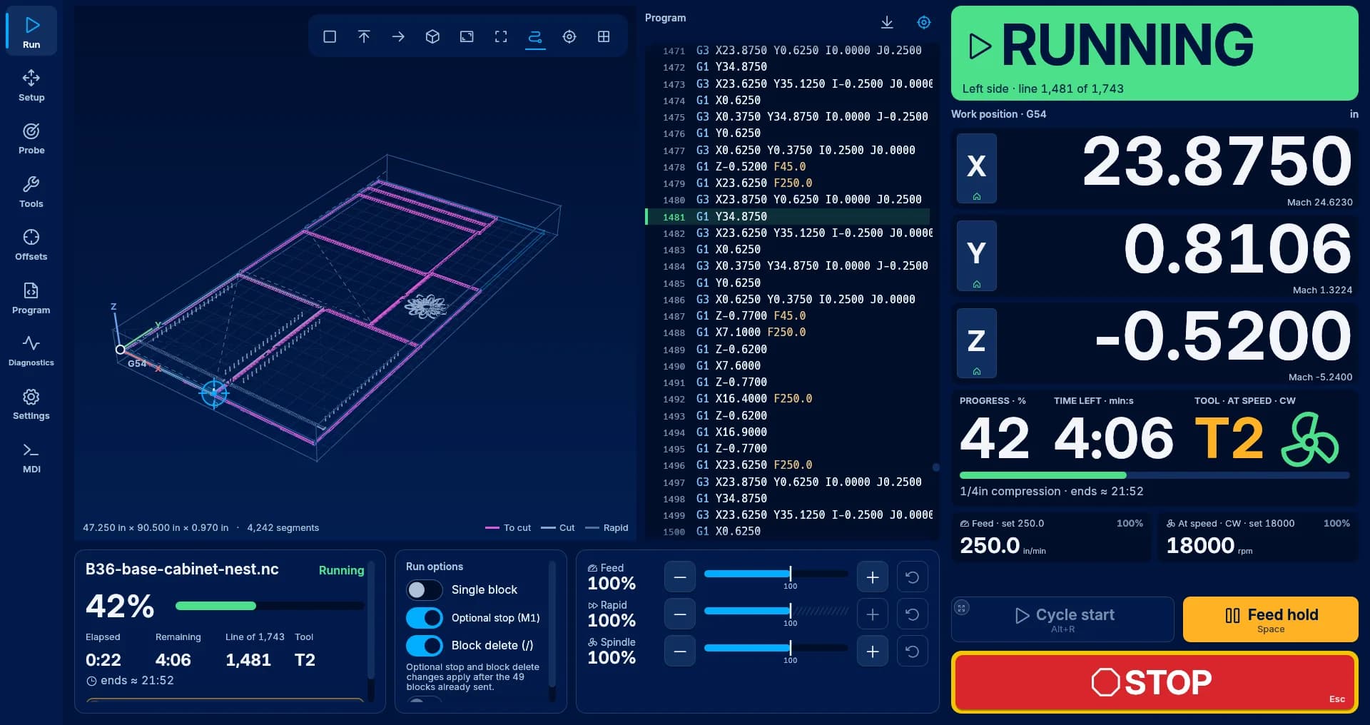 The UniCNC run screen mid-job: a large RUNNING state, the position readout, a 3D toolpath of a cabinet nest, and the STOP and Feed hold keys.